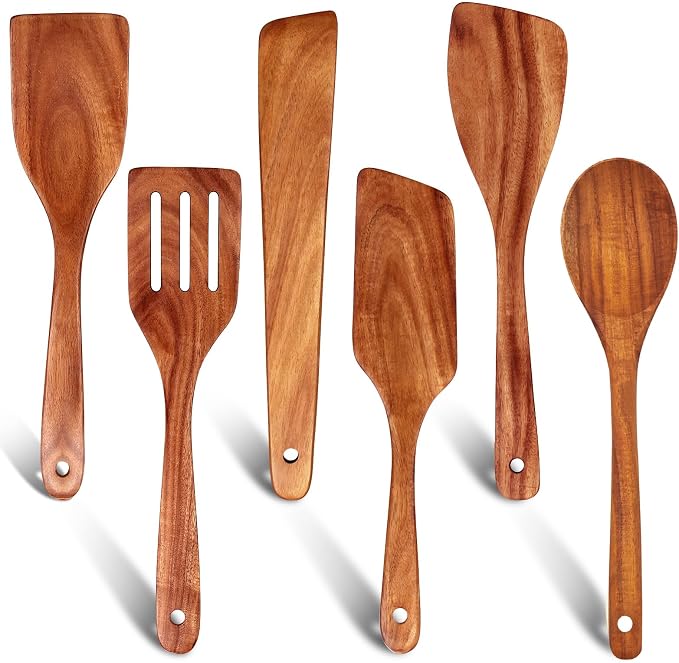 6 Pcs Best Flat Wood Spatula Set Teak Wooden Spoon by Ayiaren