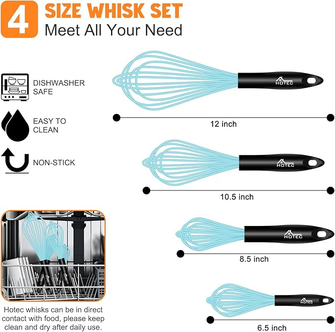HOTEC 4 Pieces Silicone Whisks Set, Wire Balloon Whisks Egg Beater, Non-slip - Image 2