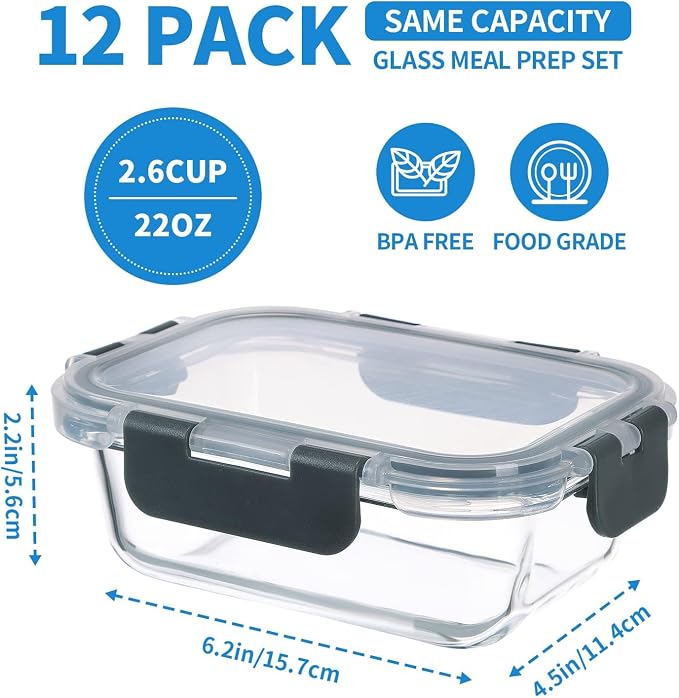 GULFLIN 12 Pack 22oz Glass Meal Prep Containers, Food Storage Containers - Image 2