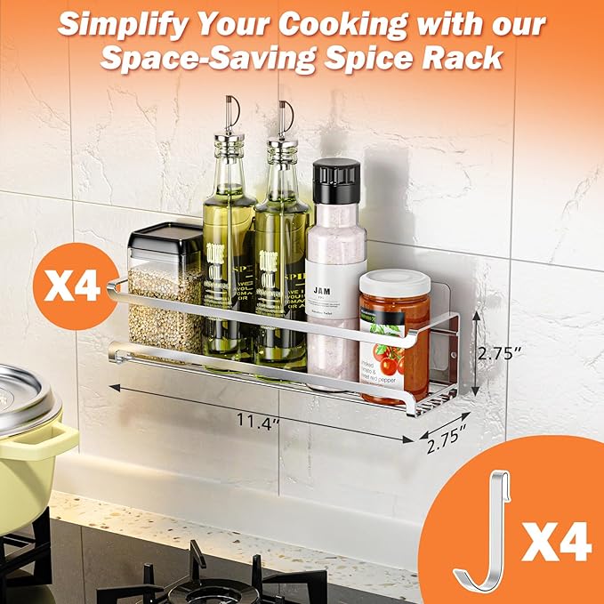Bunoxea Spice Rack wall mounted 4 Pack, Space-Saving Spice Organizer - Image 7