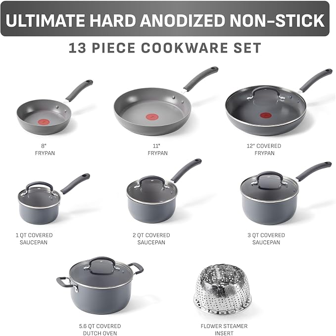 T-Fal Ultimate Hard Anodized Nonstick 13 Piece Cookware Set, Oven Safe Up to - Image 2