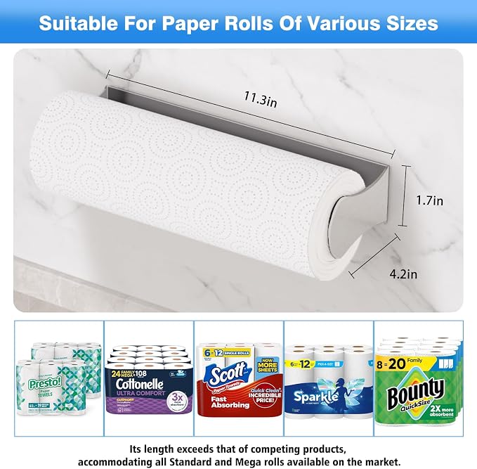 Paper Towel Holder Under Cabinet, Stainless Steel, Adhesive & Wall Mount - Image 5