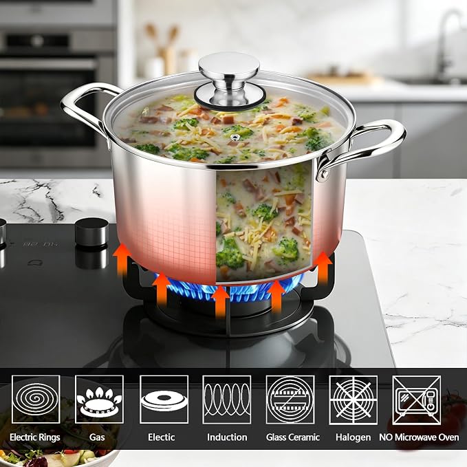 P&P CHEF 4 Quart Tri-Ply Stainless Steel Stock Pot, 4 Qt Stockpot Pasta Cooking - Image 5