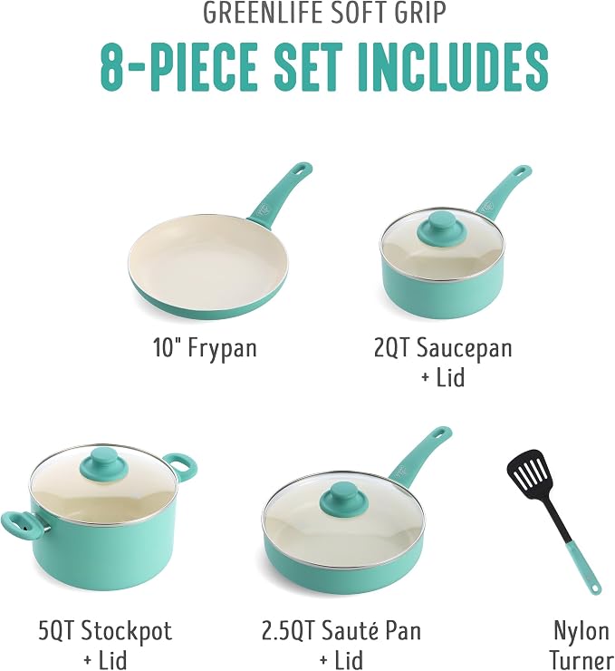 GreenLife 8 Piece Nonstick Cookware Set, Non-Toxic PFAS-Free Ceramic Pots & Pans - Image 3