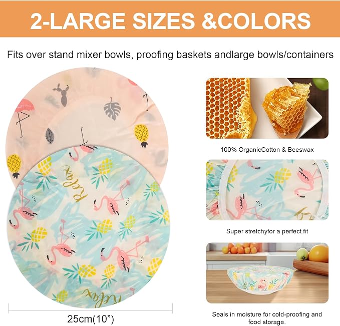 Reusable Bowl Covers for Bread Proofing（2 Large）- Cotton Beeswax Bowl Covers - Image 2
