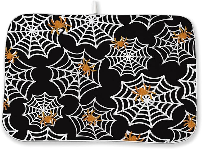 Halloween Dish Drying Mat 18x24 Inch Black Orange Golden Spider Webs Drying Mat by DAFENA