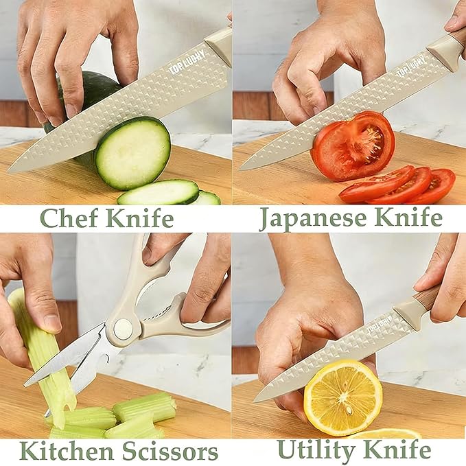 Kitchen Knife Set, Retrosohoo 6-Pieces Khaki Sharp Knife Block Sets - Image 4