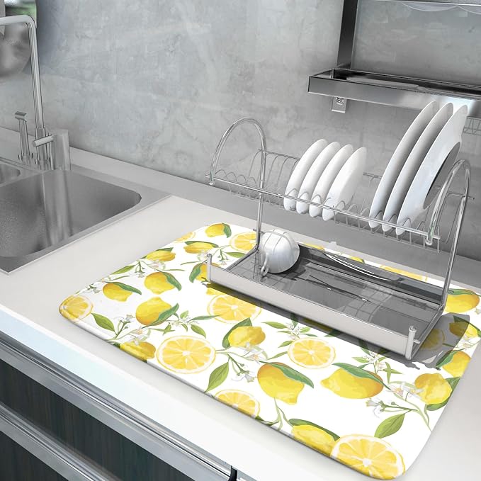 Lemon Dish Drying Mat for Kitchen Counter Spring Summer Microfiber Absorbent - Image 5