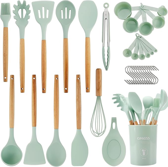 QMVESS Silicone Kitchen Utensils Set, Sturdy Insulation Wooden Handle Kitchen by QMVESS