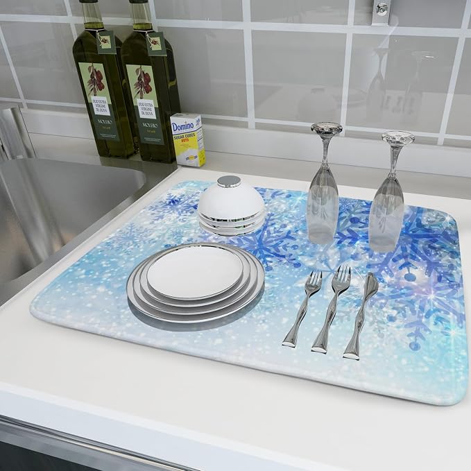 Giwawa 18"x24" Winter Blue Snowflakes Dish Drying Mat Christmas Snow Falling - Image 5