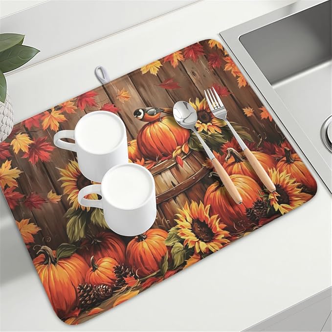 Fall Pumpkin Dish Drying Mat for Kitchen Counter Thanksgiving Autumn Harvest - Image 8