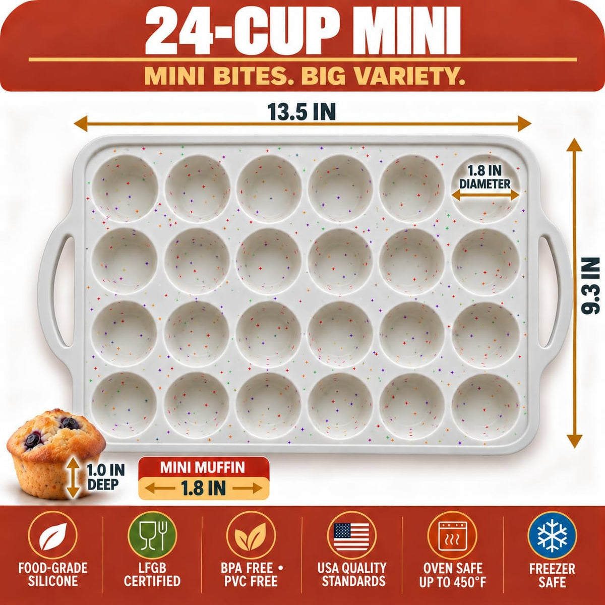 Silicone Mini Muffin Pan, 24 Cup 2 Pack with Metal Reinforced Frame