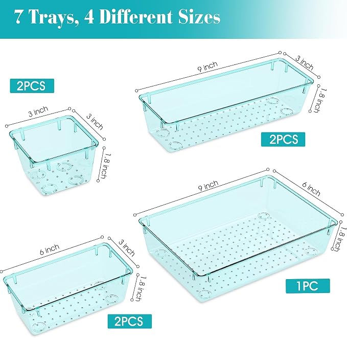 StorMiracle 7 PCS Clear Plastic Drawer Organizers Set, 4 Size Desk Drawer - Image 2