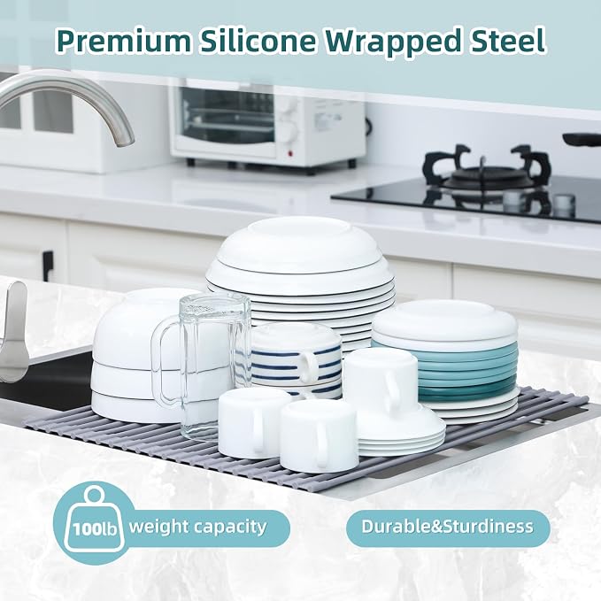 Ohuhu Over Sink Dish Drying Rack, Silicone Wrapped 17.6" W x 15.4" L Large Over - Image 8