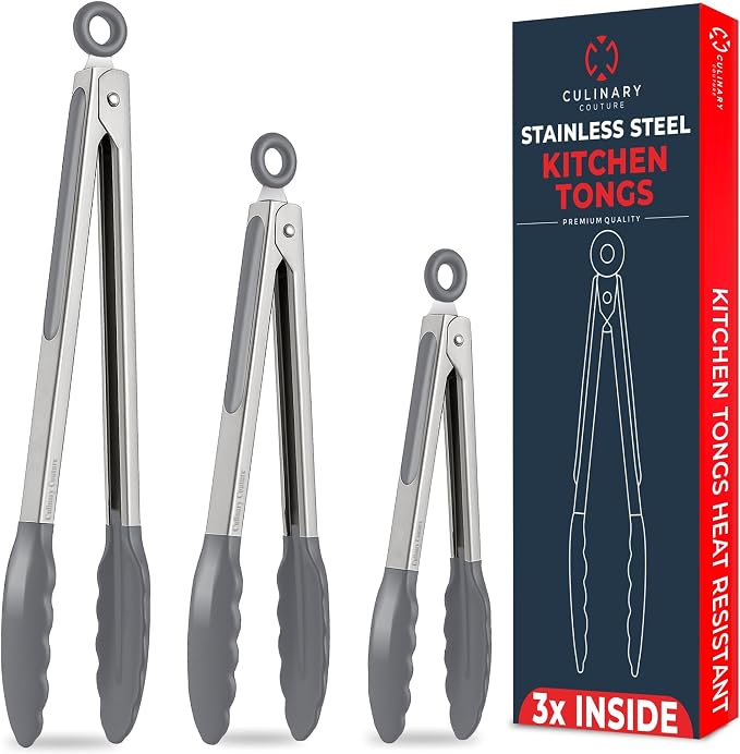 Kitchen Tongs with Silicone Tips Set of 3 Heat Resistant Tongs by CulinaryCouture