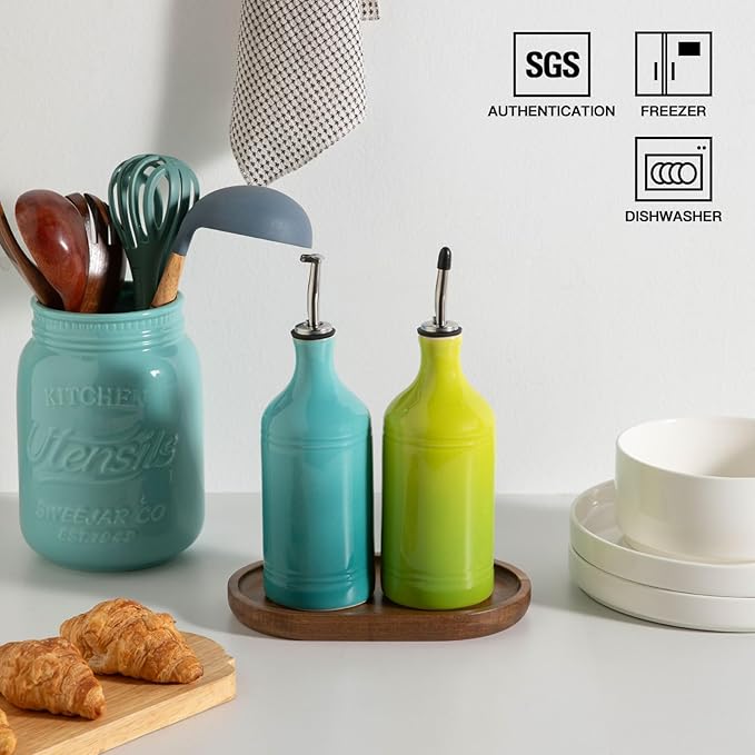 Sweejar Ceramic Olive Oil Dispenser Bottle Set, Opaque Oil Cruet Protects to - Image 4