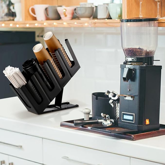 Paper Cup and Lid Holder with Straw Organizer, Disposable Coffee Cup Dispenser - Image 3