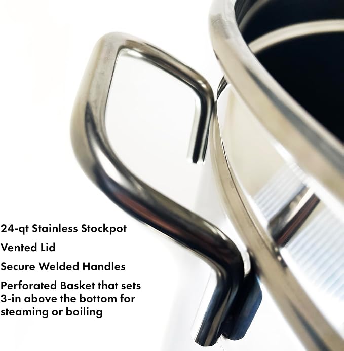 Bayou Classic 1124 24-qt Stainless Stockpot w/Lid And Basket Includes Vented - Image 2