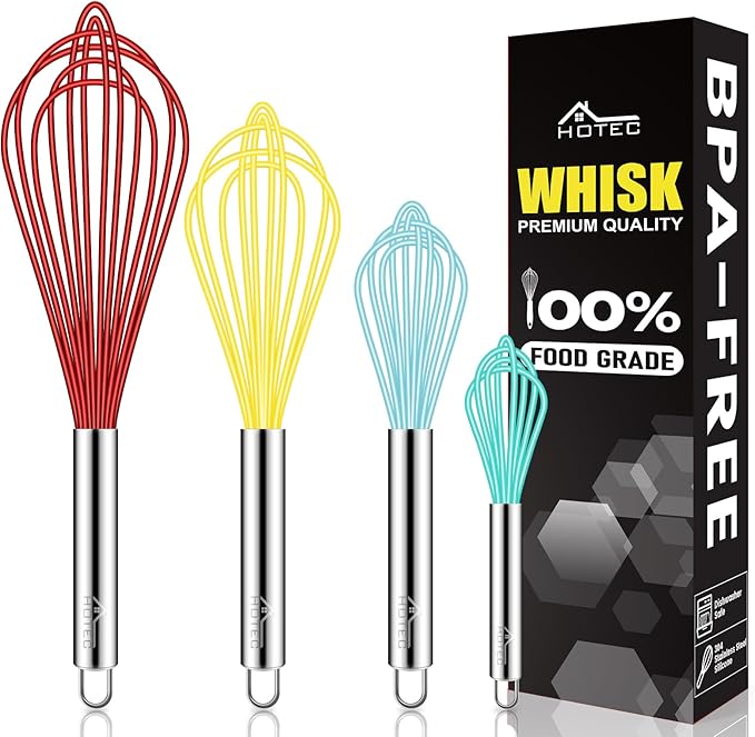 HOTEC 4 Pieces Silicone Whisks Set, Wire Balloon Whisks by Hotec