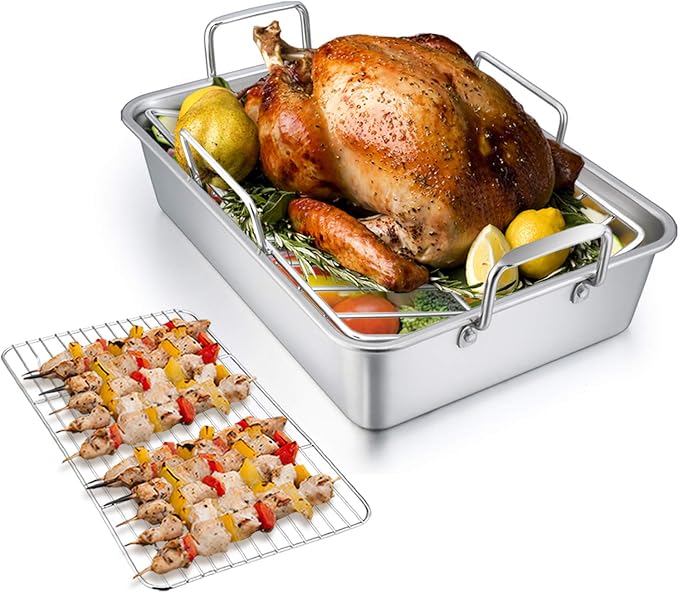 TeamFar Roasting Pan with Rack, 14 Inch Stainless Steel Turkey Roaster Lasagna by TeamFar