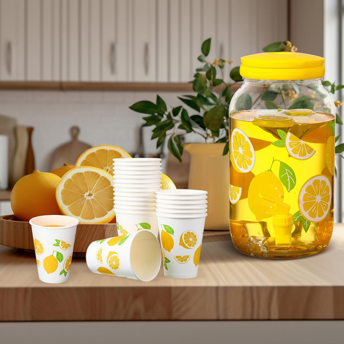 Umigy 1 Gallon Lemon Plastic Drink Dispenser with 20 Pcs 12 oz Lemon