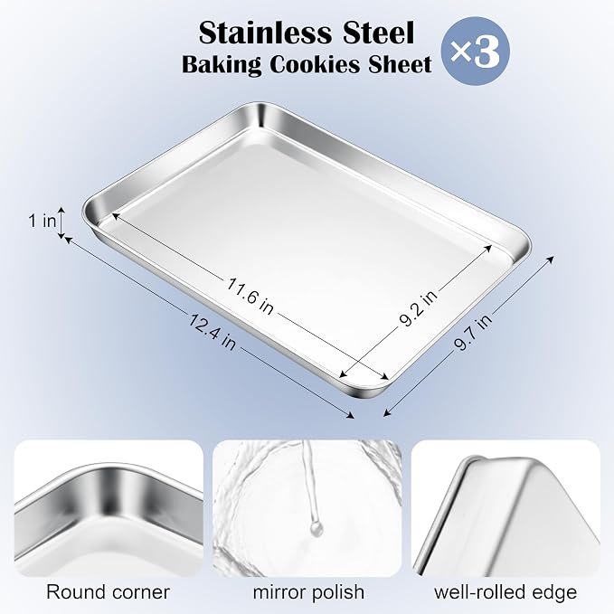 E-far Stainless Steel Baking Sheets Set of 3, 12.4” x9.7” Baking Cookie Sheets - Image 2