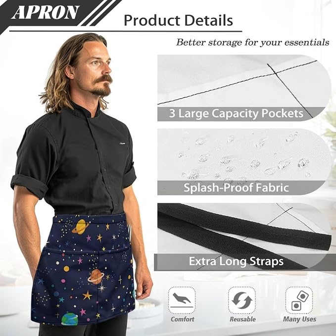 Server Apron with 3 Pockets, Waterproof Oil Waitress Waiter Half Apron - Image 7