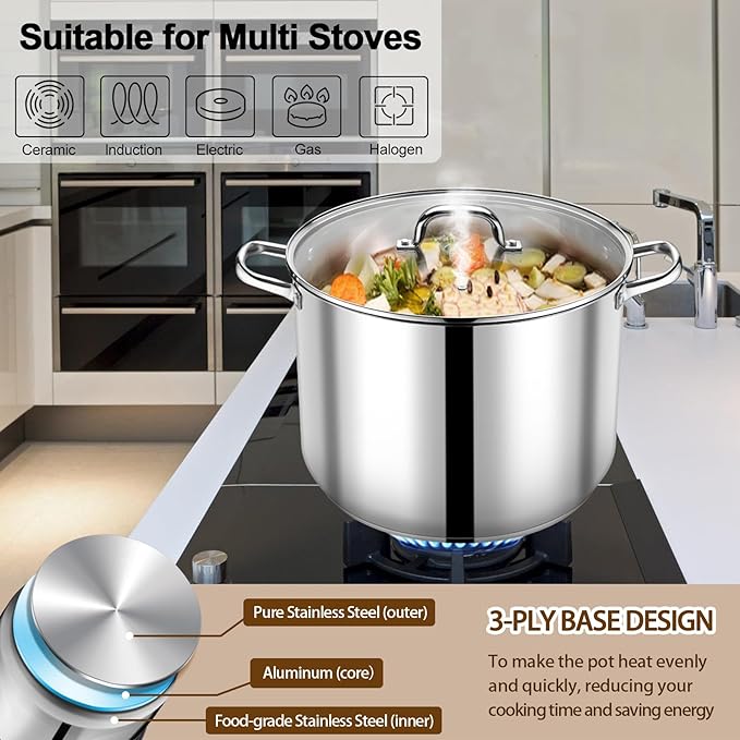 P&P CHEF 24 QT Stock Pot with Lid, Stainless Steel Large Cooking Pot, Soup - Image 5