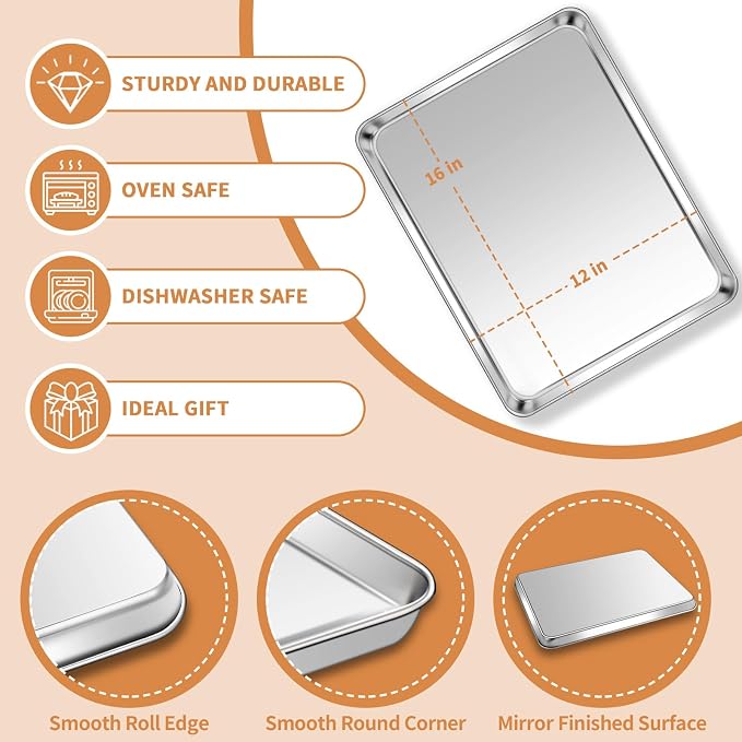 Stainless Steel Baking Sheet Set of 2, Deedro Cookie Sheet Metal Baking Pan - Image 2