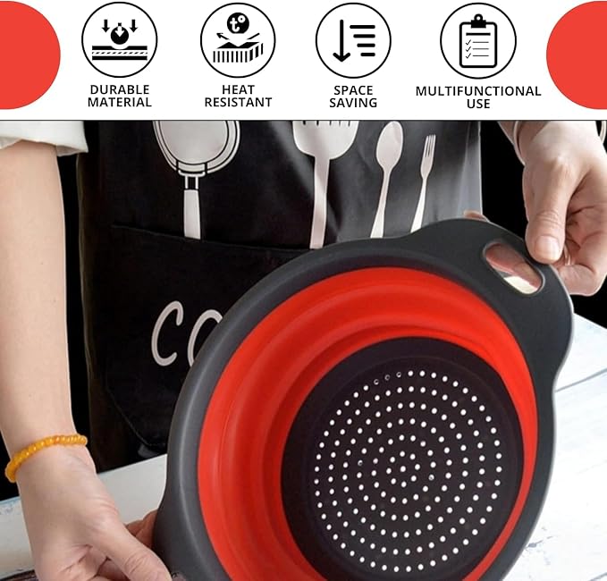 Red Round Silicone Collapsible Colander – Silicone Round Kitchen Strainers - Image 8