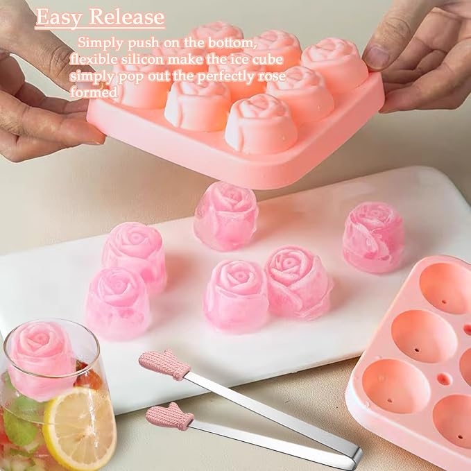 Ice Cube Mold with Lid, Silicone Rose Ice Cube Tray with Mini Tongs, Rose Ice - Image 6