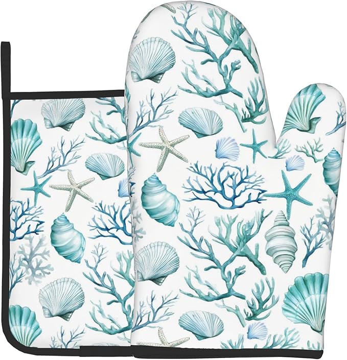 Nautical Oven Mitts and Pot Holders Sets Coastal Kitchen Mitts Potholders 2PCS by DZGlobal