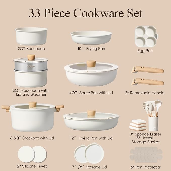 CAROTE 33pcs Pots and Pans Non Stick, Cookware Sets Detachable Handle, - Image 2