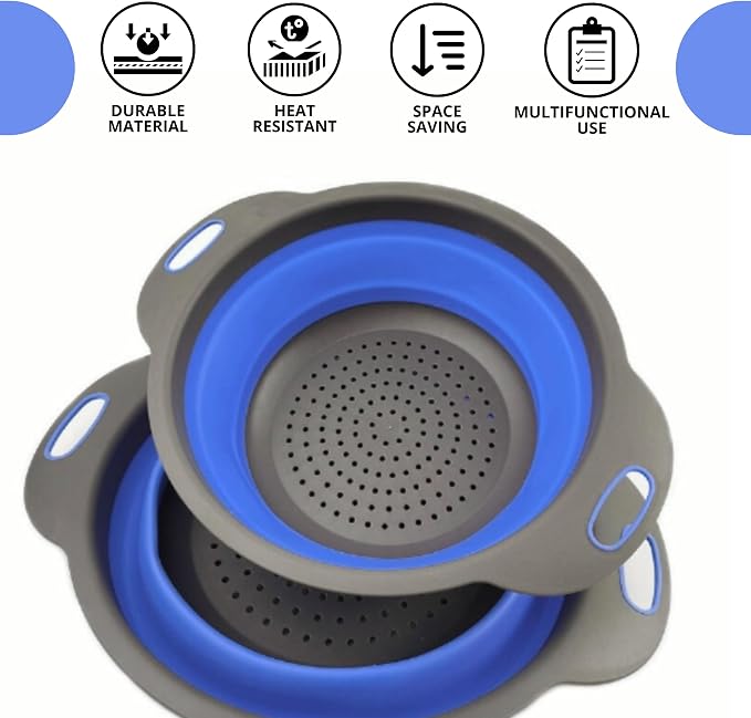 Round Silicone Blue Colander Collapsible – Foldable Kitchen Strainer Small - Image 4