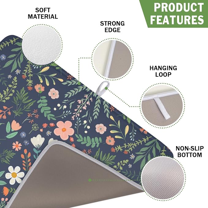 Floral Dish Drying Mat for Kitchen Counter Rustic Flower Leaves Print - Image 3