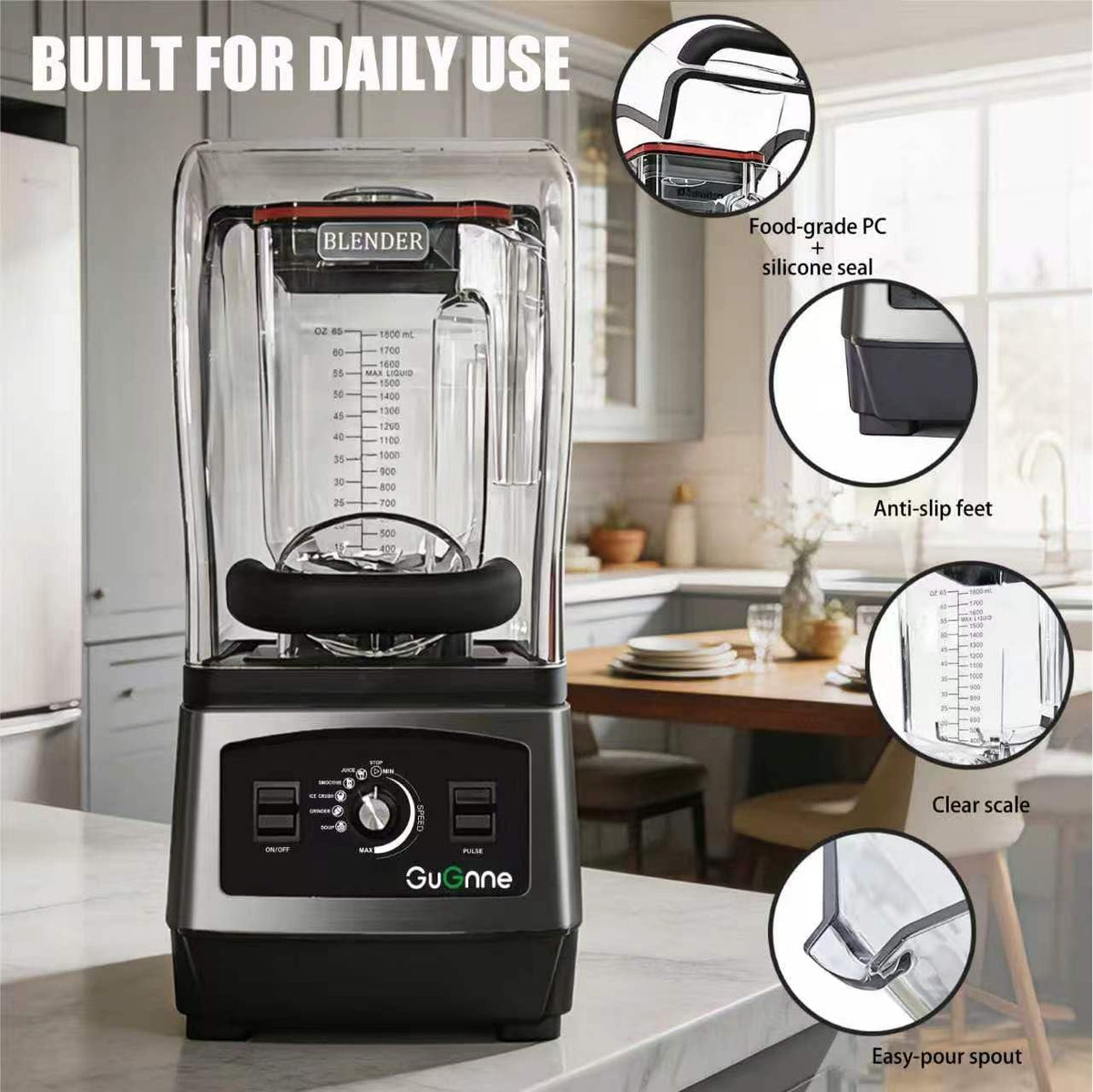 2200W Commercial Blender with Quiet Shield, 64oz BPA-Free Jar, 6-Blade