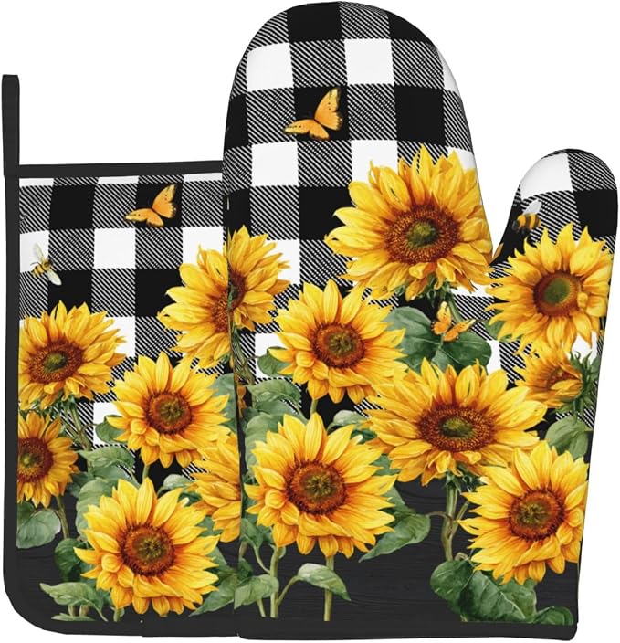 Sunflower Oven Mitts and Pot Holders Sets of 2 Buffalo Plaid Kitchen Mitts by DZGlobal
