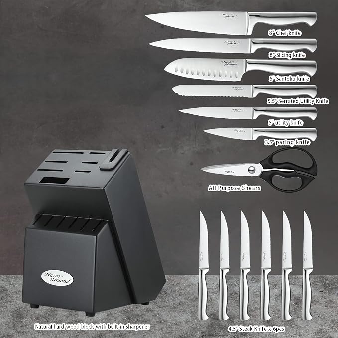 Marco Almond® Knife Set with Block KYA28, 14 Pieces Stainless Steel Chef - Image 2