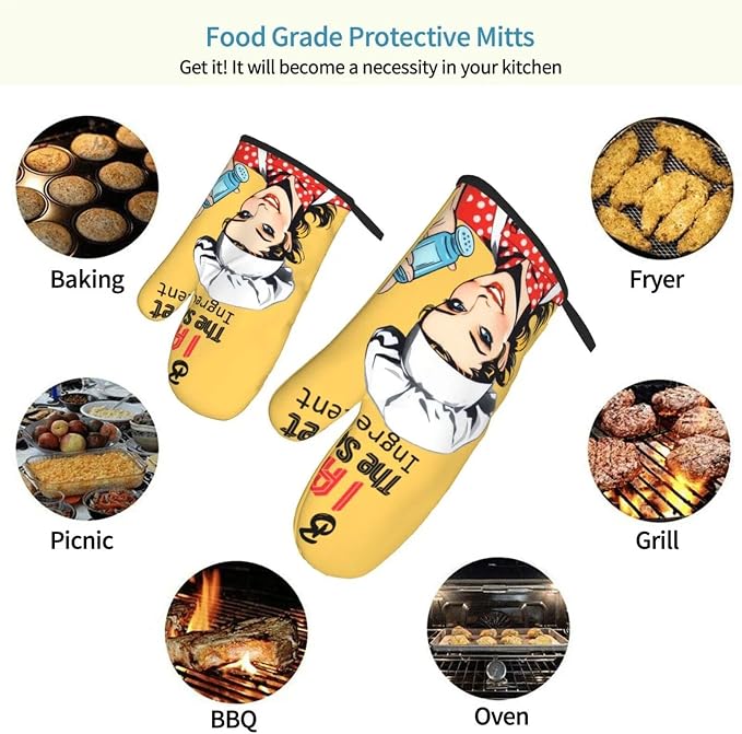 Cute Yellow Retro Chef Humorous Oven Mitts & Pot Holders Set of 3, Heat - Image 7