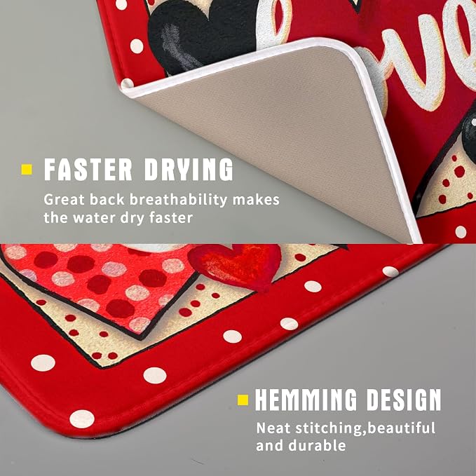 Love Heart Dish Drying Mat 16"x18" Red Dots Microfiber Dish Rack Mat Holiday - Image 3