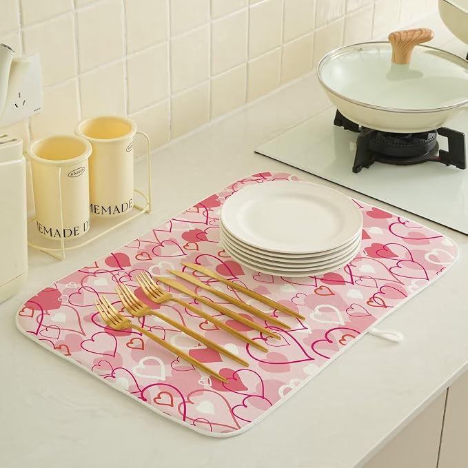 Valentines Day Dish Drying Mat 18 x 24 inch Pink Love Hearts Decorative Drying - Image 4