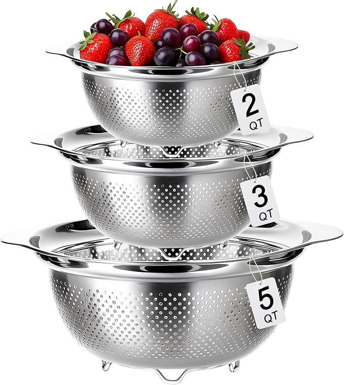 3 Pcs Stainless Steel Colander Strainer Set Metal Colander by TINSKY