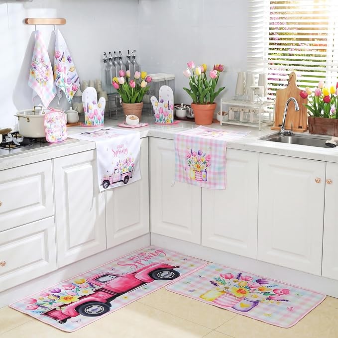 Fourluoo 10 Pcs Spring Flower Farmhouse Kitchen Decor Set Dish Towels Kitchen - Image 4