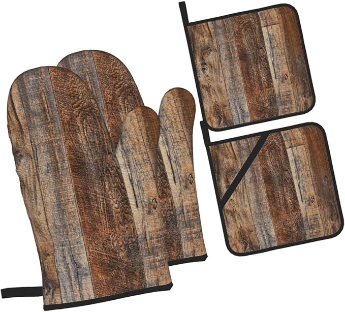 Oven Mitts and Pot Holders Sets of 4, Vintage Brown Wood Splicing Pattern - Image 2