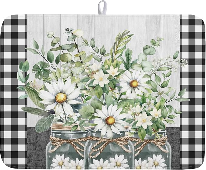 Spring Summer Daisy Floral Dish Drying Mat by Kawani