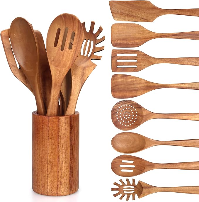 9 Pcs Wooden Spoons for Cooking Utensils by Renawe