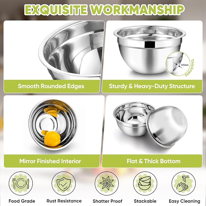 TeamFar Mixing Bowls, 4.5/3/1.5/1/0.7 QT, Stainless Steel Metal Nesting Salad - Image 4