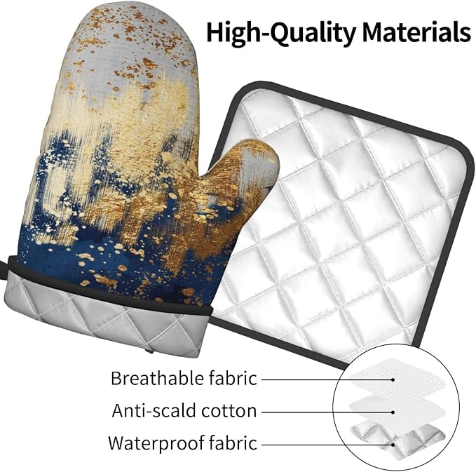 Blue and Gold Watercolor Abstract Oven Mitts and Pot Holder Sets of 3, Non-Slip - Image 8