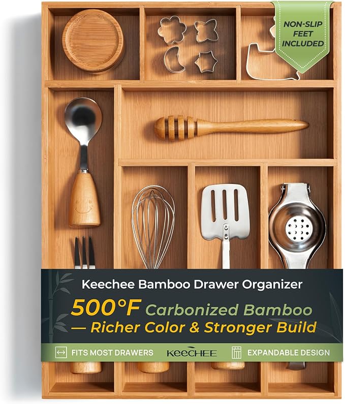 Carbonized Bamboo Kitchen Drawer Organizer, 8 Slots Silverware Organizer by Keechee