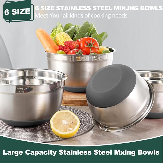 Umite Chef Mixing Bowls with Airtight Lids，6 piece Stainless Steel Metal - Image 2